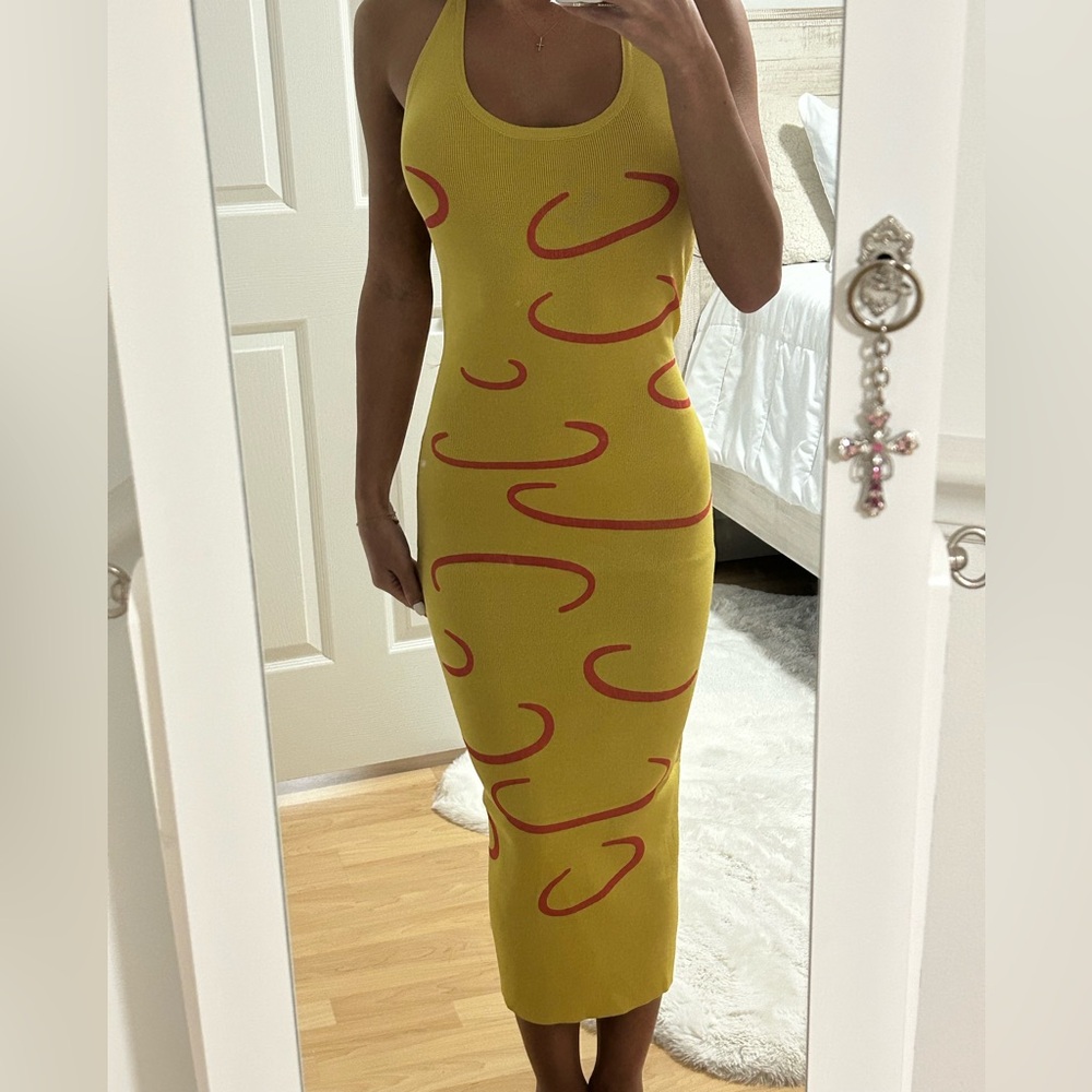 Knitted Y2K Halter Yellow and Red Midi Dress!